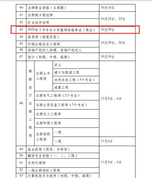 2022下半年中小学教师资格考试（笔试）时间：10月29日